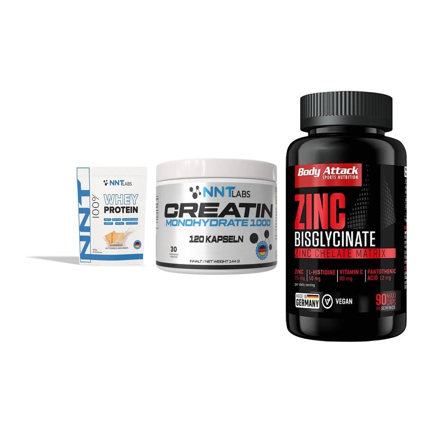 Einsteiger-Set: NNT Whey + NNT Creatin 1000 + Body Attack Zink – alle enthaltenen Artikel