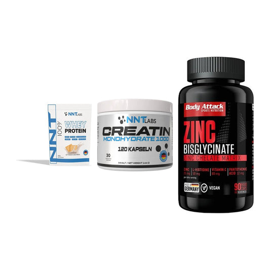 Einsteiger-Set: NNT Whey + NNT Creatin 1000 + Body Attack Zink – alle enthaltenen Artikel