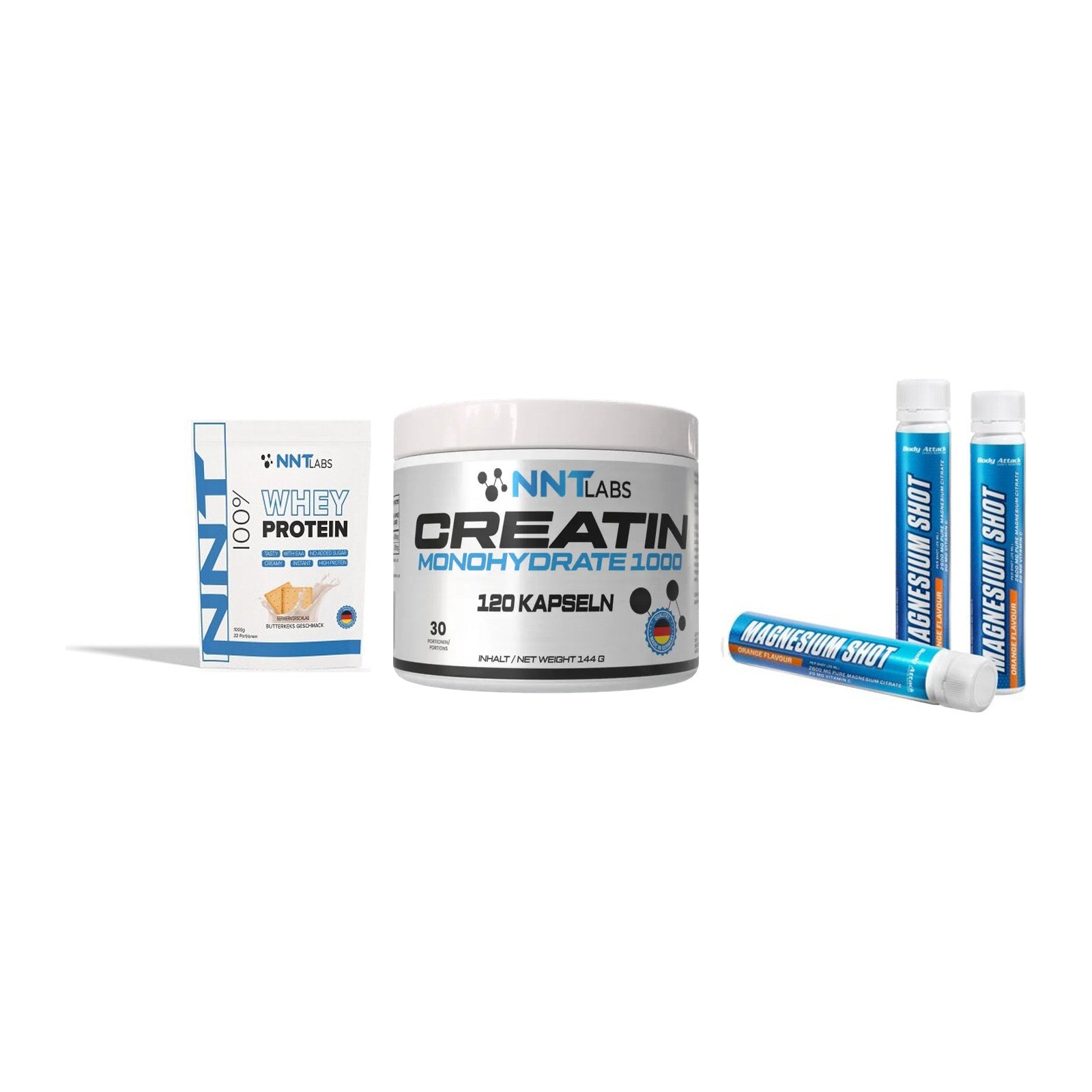 Einsteiger-Set: NNT Whey + NNT Creatin 1000 + Body Attack – alle enthaltenen Artikel