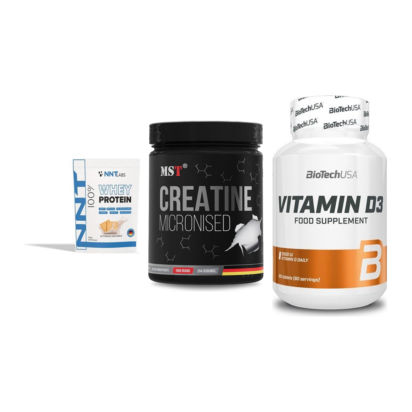 Einsteiger-Set: NNT Whey + MST Creatin + BioTech Vitamin – alle enthaltenen Artikel