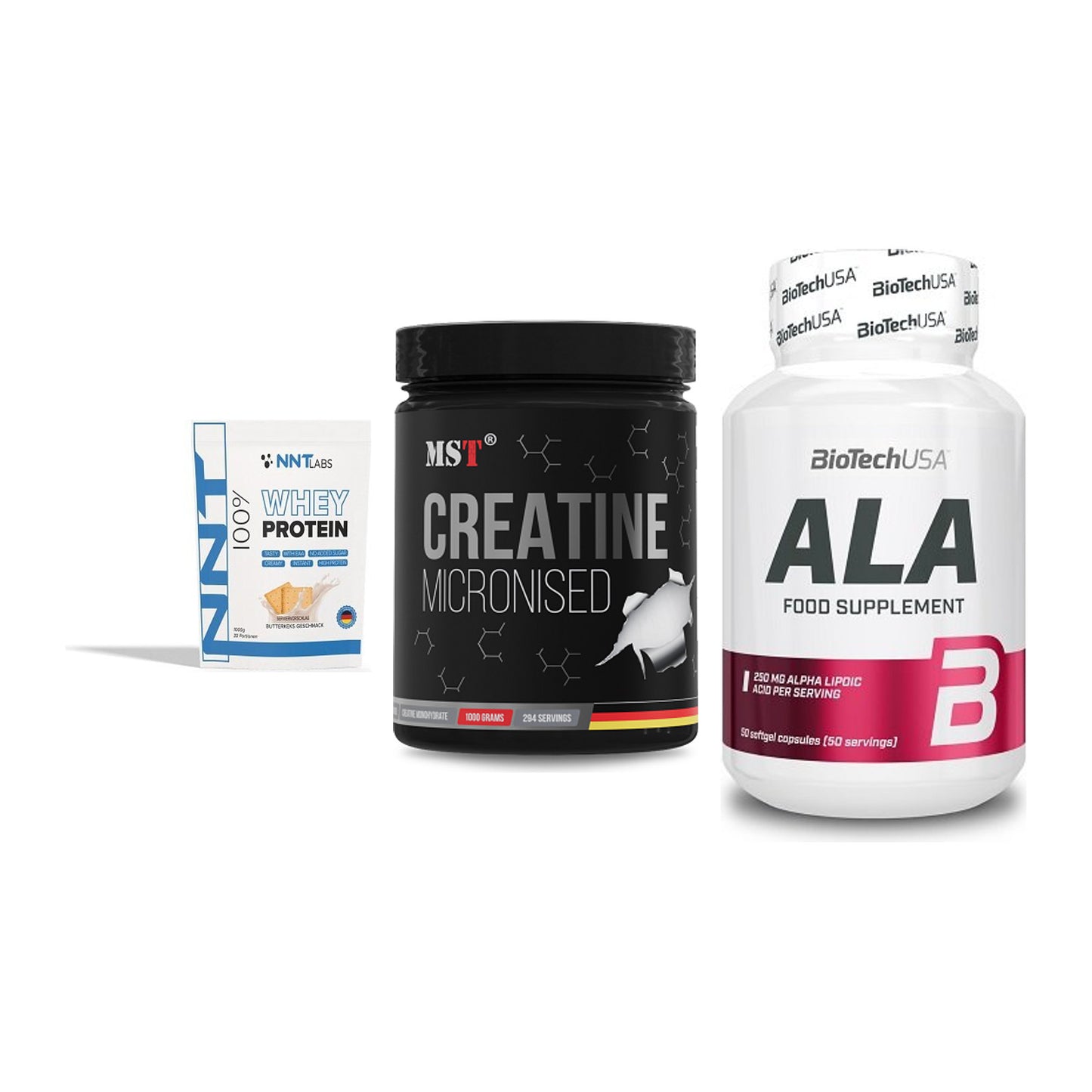 Einsteiger-Set: NNT Whey + MST Creatin + BioTech ALA – alle enthaltenen Artikel