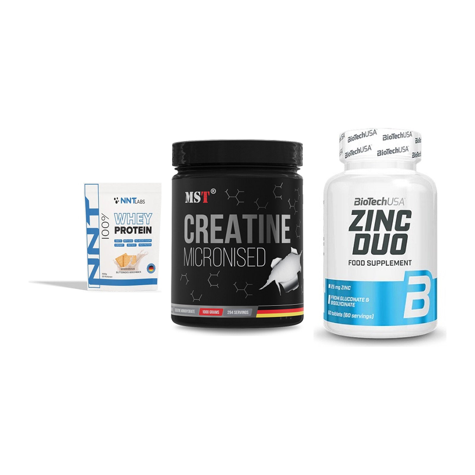 Einsteiger-Set: NNT Whey + MST Creatin Monohydrate + BioTech Zinc Duo – alle enthaltenen Artikel