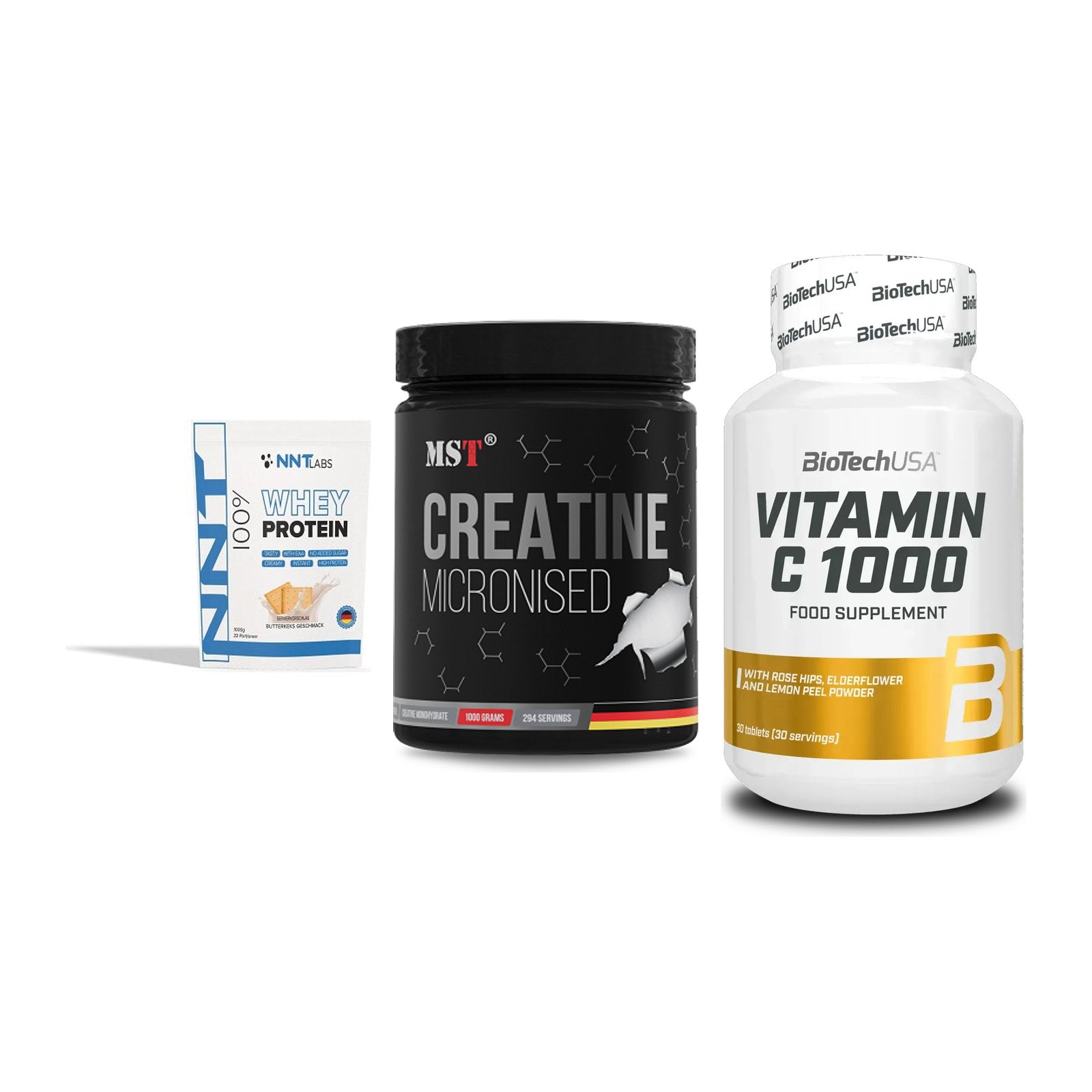 Einsteiger-Set: NNT Whey + MST Creatin + BioTech Vitamin – alle enthaltenen Artikel
