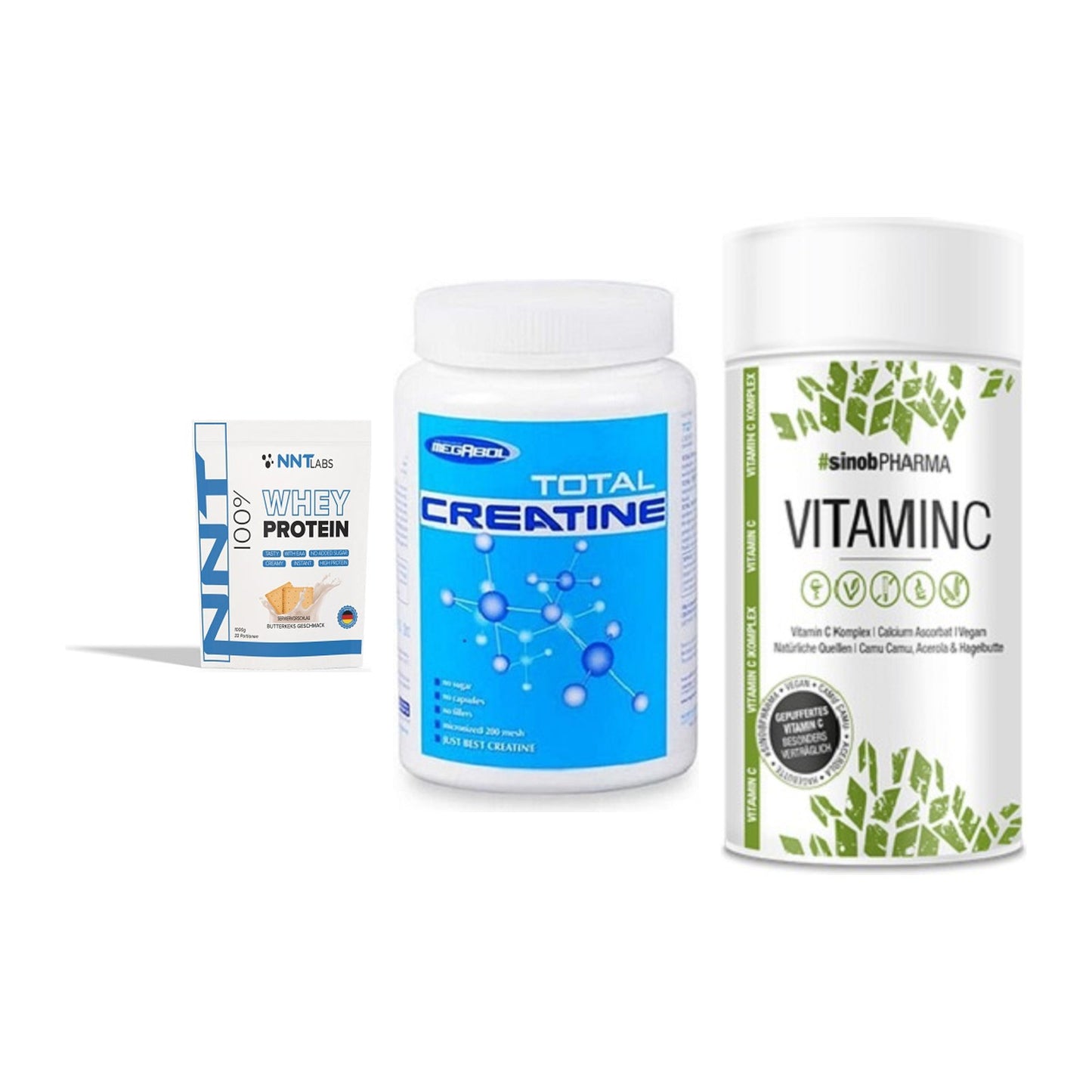 Einsteiger-Set: NNT Whey + Megabol Total Creatine + Sinob Vitamin C – alle enthaltenen Artikel