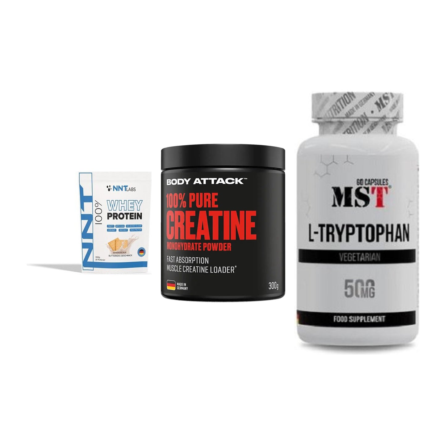 Einsteiger-Set: NNT Whey + Body Attack 100% + MST Tryptophan – alle enthaltenen Artikel