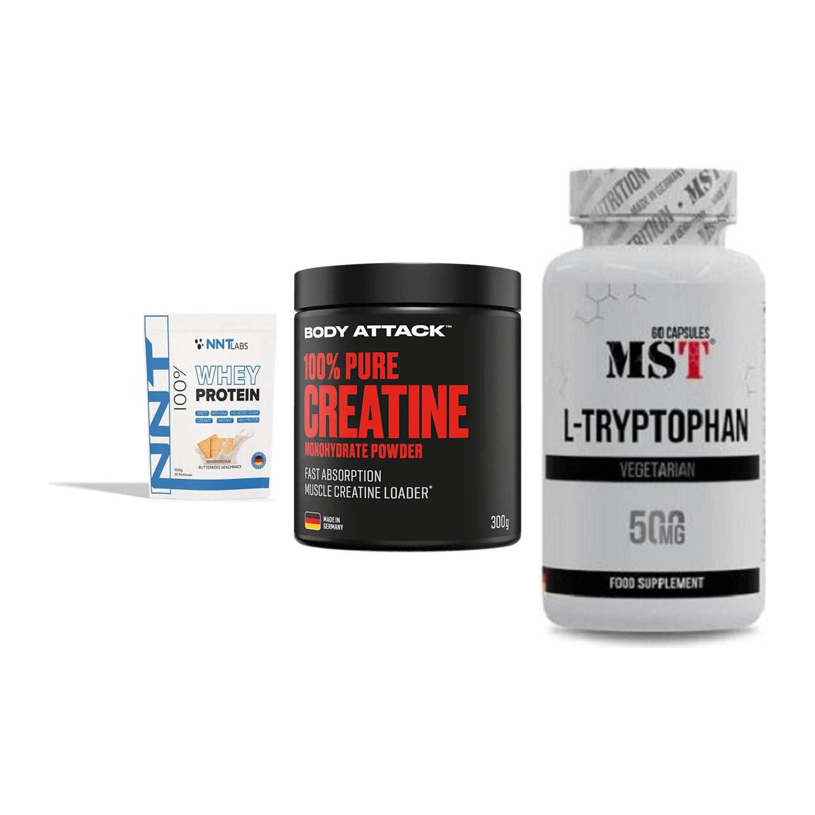 Einsteiger-Set: NNT Whey + Body Attack 100% + MST Tryptophan – alle enthaltenen Artikel