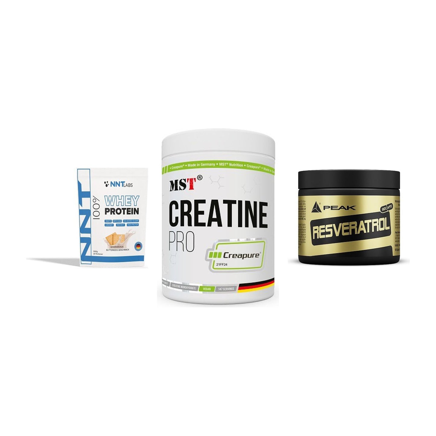 Einsteiger-Set: NNT Whey + MST Creatin Pro CREAPURE + Peak Resveratrol – alle enthaltenen Artikel