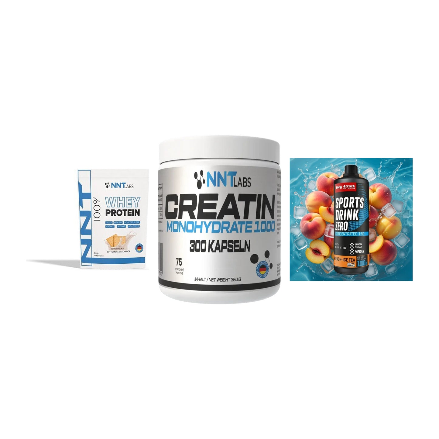 Einsteiger-Set: NNT Whey + NNT Creatin 1000 + Body Attack – alle enthaltenen Artikel