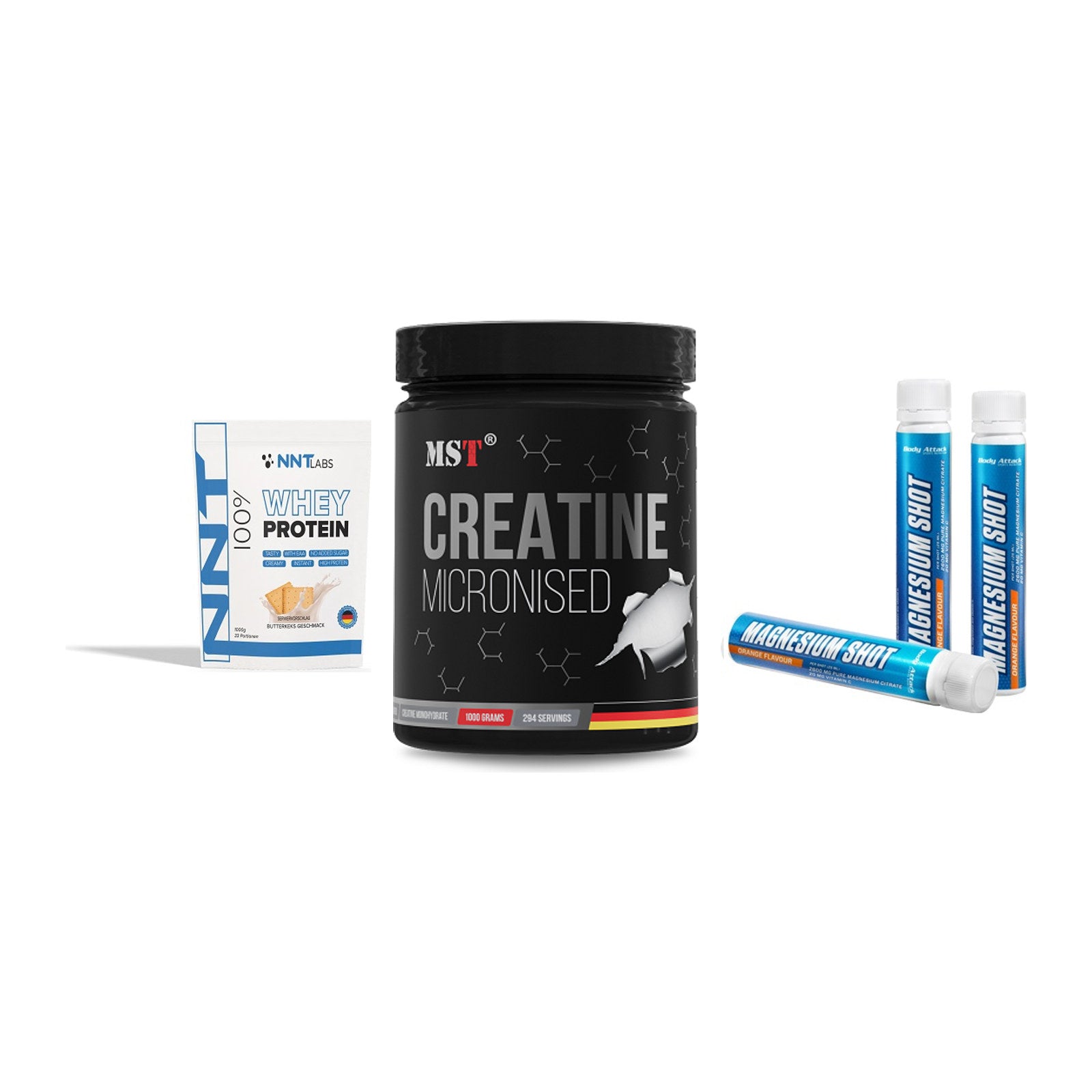 Einsteiger-Set: NNT Whey + MST Creatin + Body Attack – alle enthaltenen Artikel