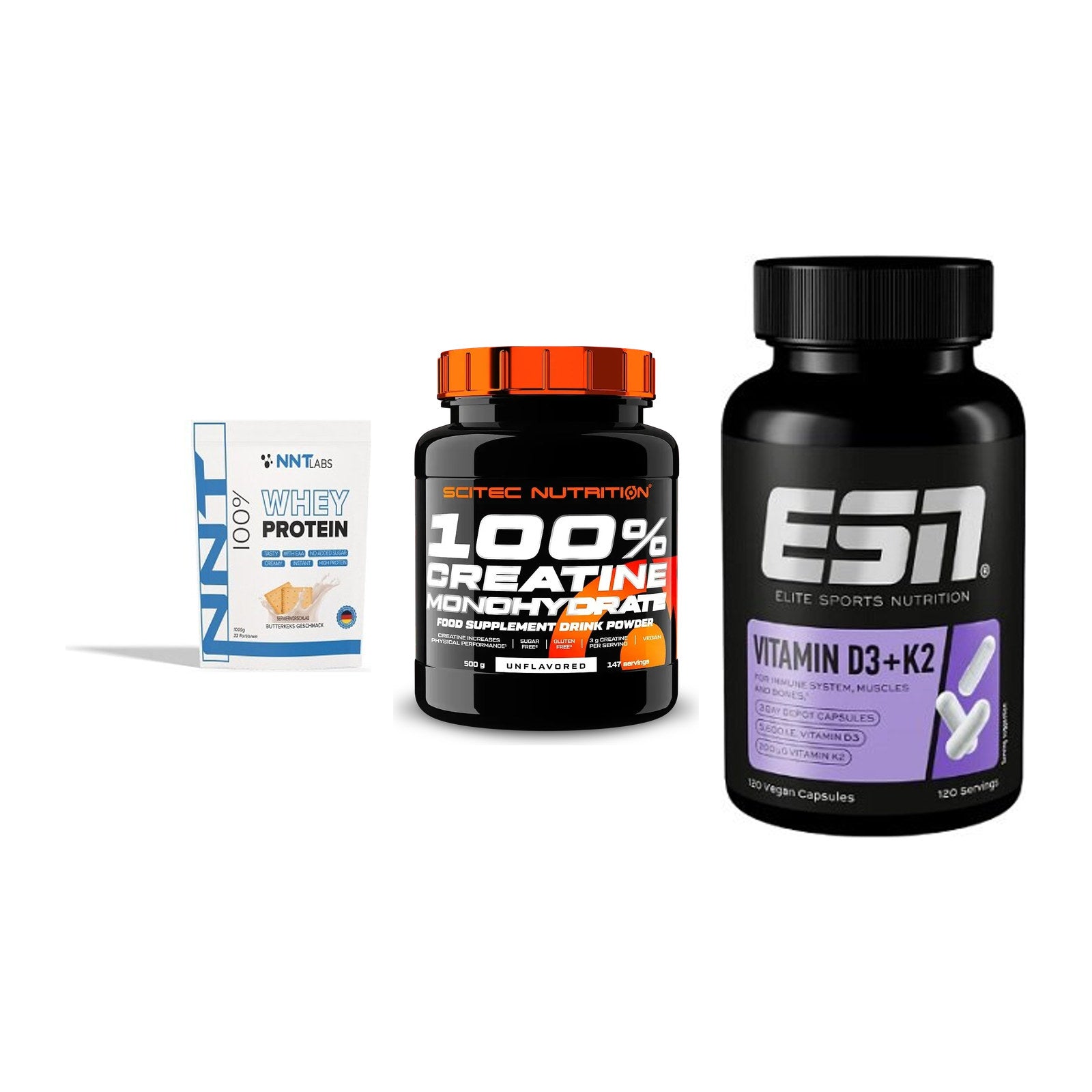 Einsteiger-Set: NNT Whey + Scitec Creatine + ESN Vitamin D3 – alle enthaltenen Artikel