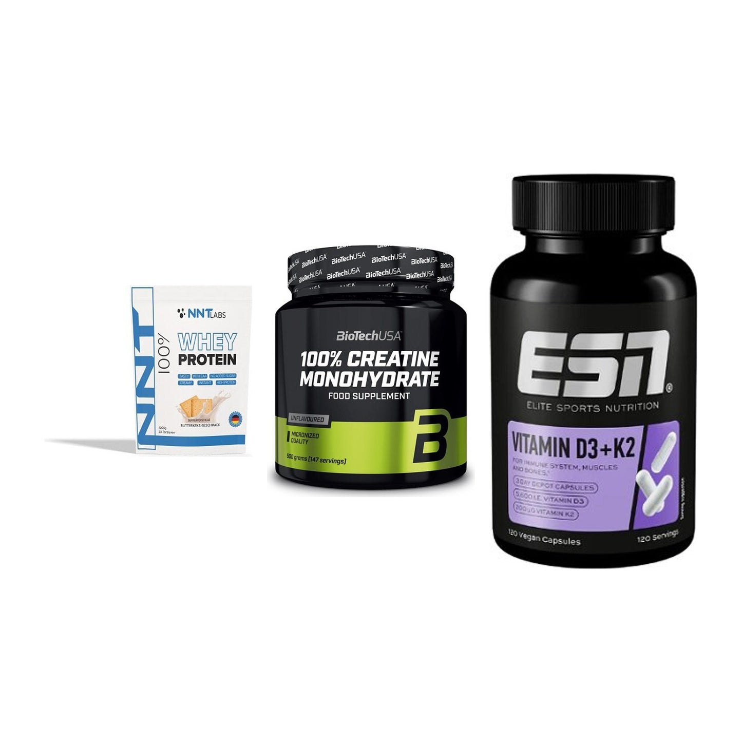 Einsteiger-Set: NNT Whey + BioTech Creatine + ESN Vitamin D3 – alle enthaltenen Artikel
