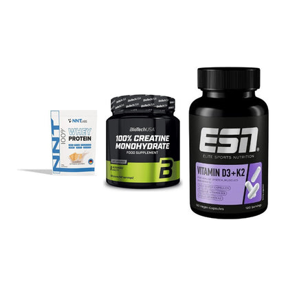 Einsteiger-Set: NNT Whey + BioTech Creatine + ESN Vitamin D3 – alle enthaltenen Artikel