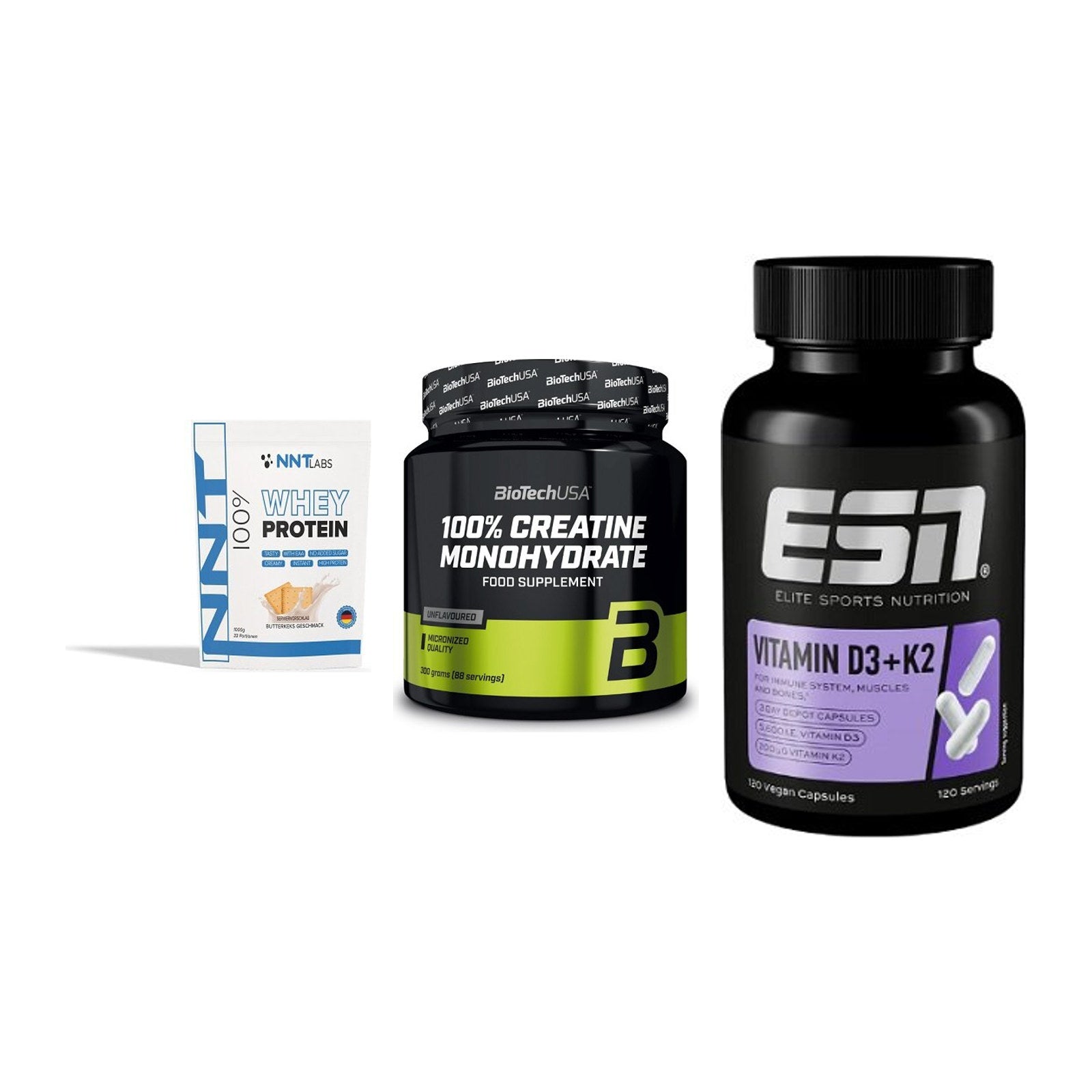 Einsteiger-Set: NNT Whey + BioTech Creatine + ESN Vitamin D3 – alle enthaltenen Artikel