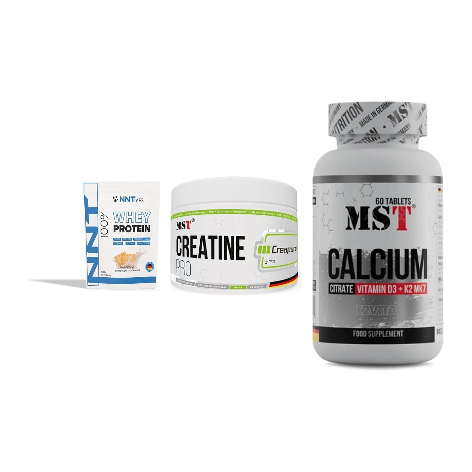 Einsteiger-Set: NNT Whey + MST Creatin Pro + MST Calcium – alle enthaltenen Artikel