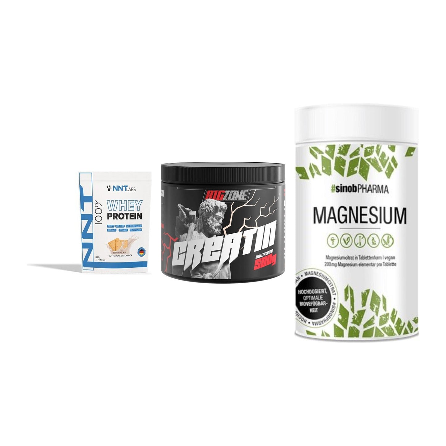 Einsteiger-Set: NNT Whey + Big Zone Creatin + Sinob Magnesium Citrat – alle enthaltenen Artikel