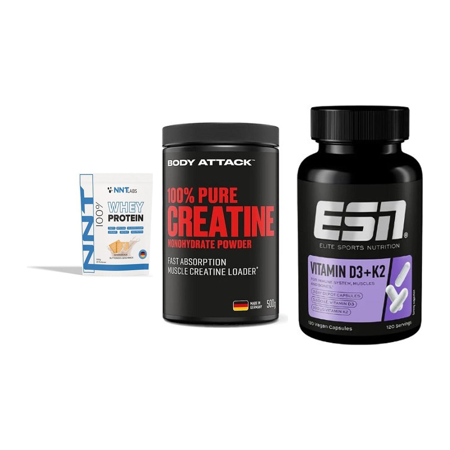 Einsteiger-Set: NNT Whey + Body Attack 100% + ESN Vitamin D3 – alle enthaltenen Artikel