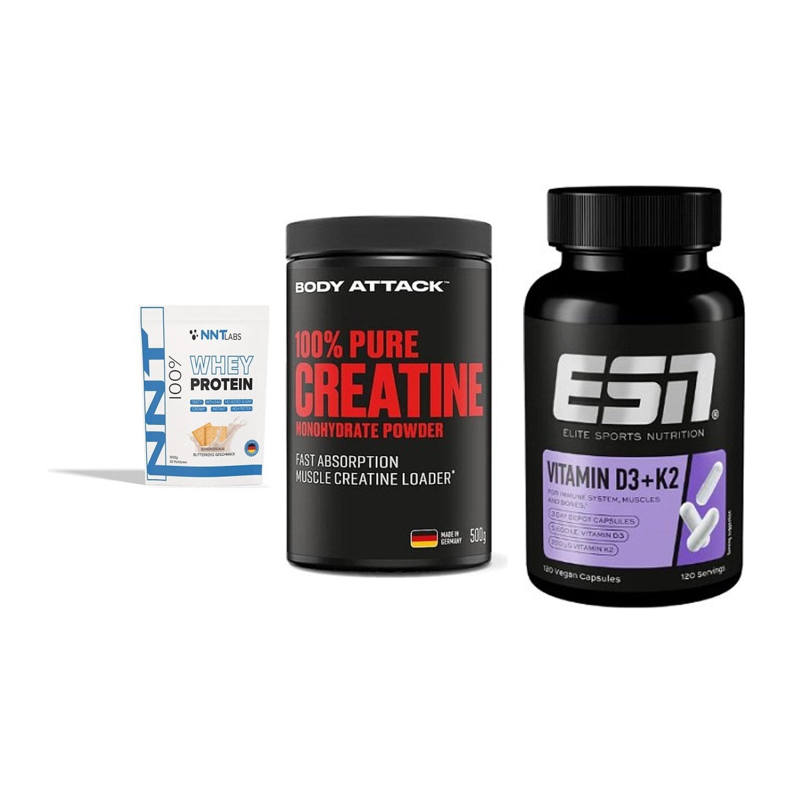 Einsteiger-Set: NNT Whey + Body Attack 100% + ESN Vitamin D3 – alle enthaltenen Artikel