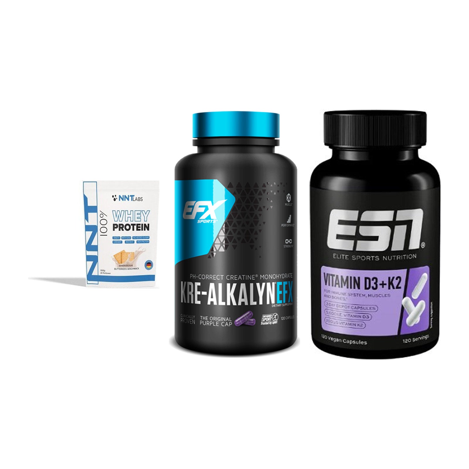Einsteiger-Set: NNT Whey + EFX Kre-Alkalyn + ESN Vitamin D3 + K2 – alle enthaltenen Artikel