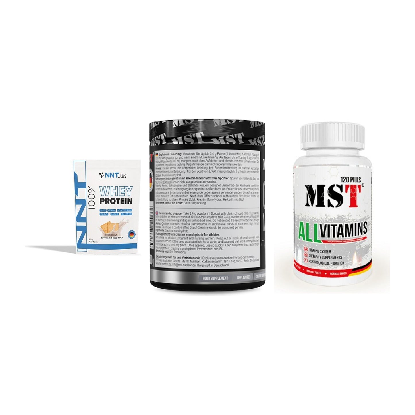 Einsteiger-Set: NNT Whey + MST Creatin + MST All Vitamins – alle enthaltenen Artikel