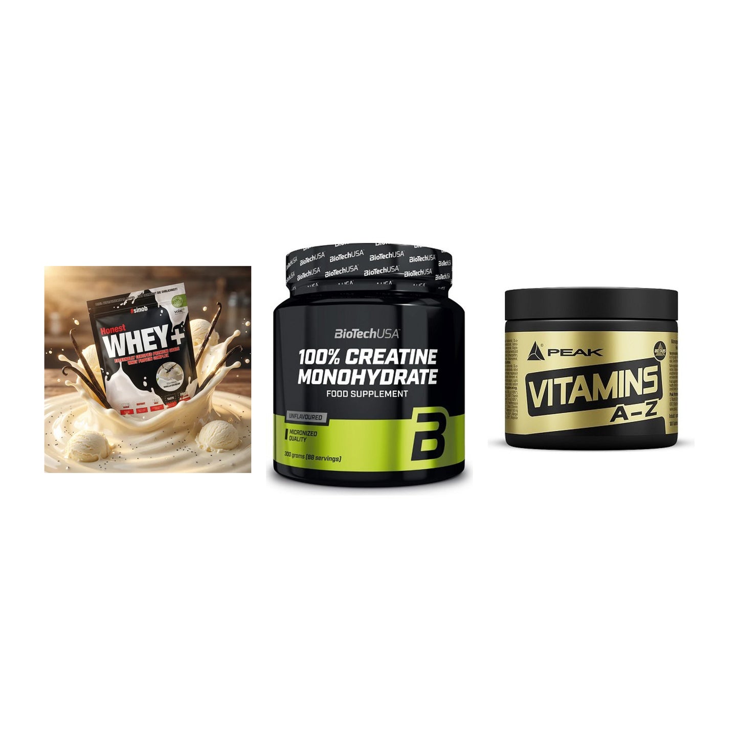 Einsteiger-Set: Sinob Honest + BioTech Creatine + Peak Vitamin A-Z – alle enthaltenen Artikel