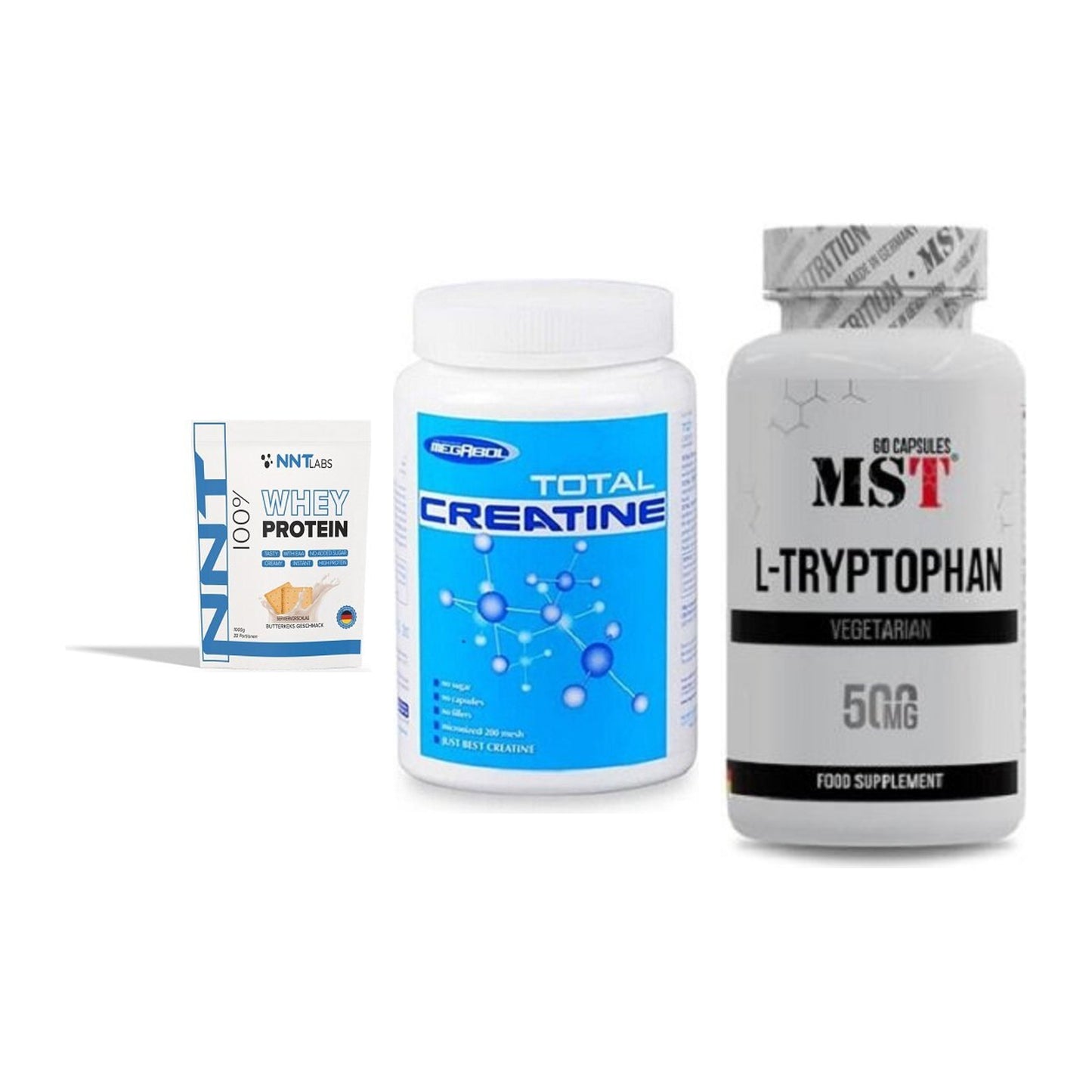 Einsteiger-Set: NNT Whey + Megabol Total + MST Tryptophan – alle enthaltenen Artikel
