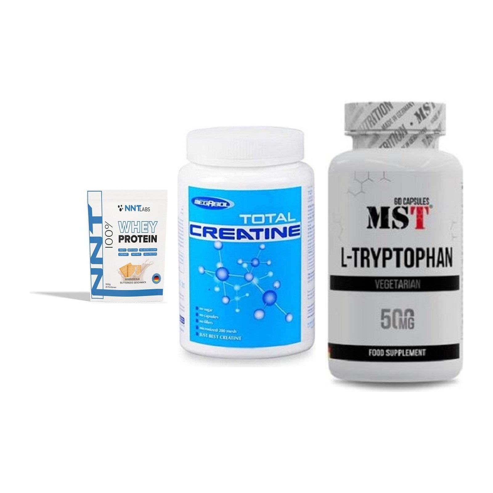 Einsteiger-Set: NNT Whey + Megabol Total + MST Tryptophan – alle enthaltenen Artikel