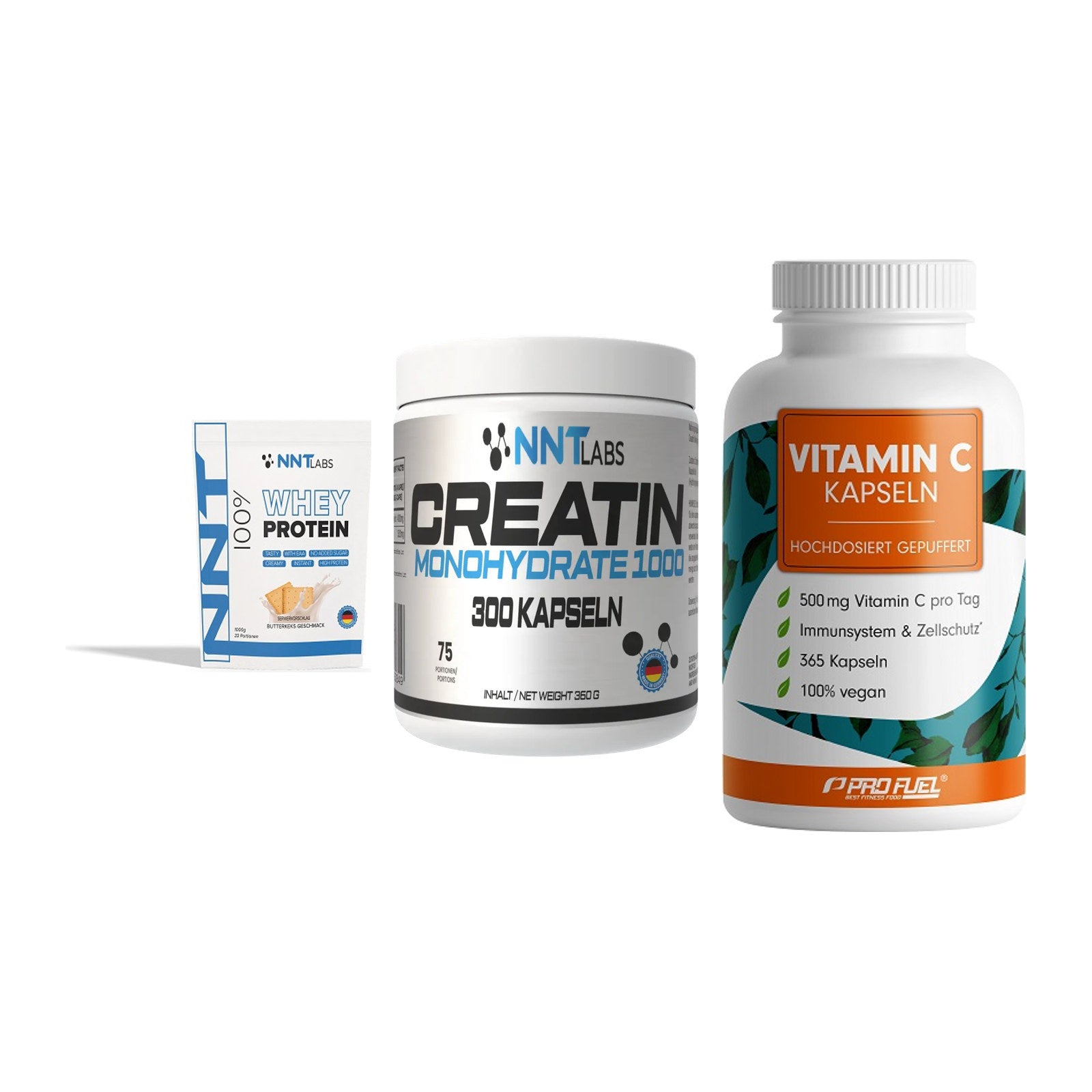 Einsteiger-Set: NNT Whey + NNT Creatin 1000 + ProFuel Vitamin – alle enthaltenen Artikel