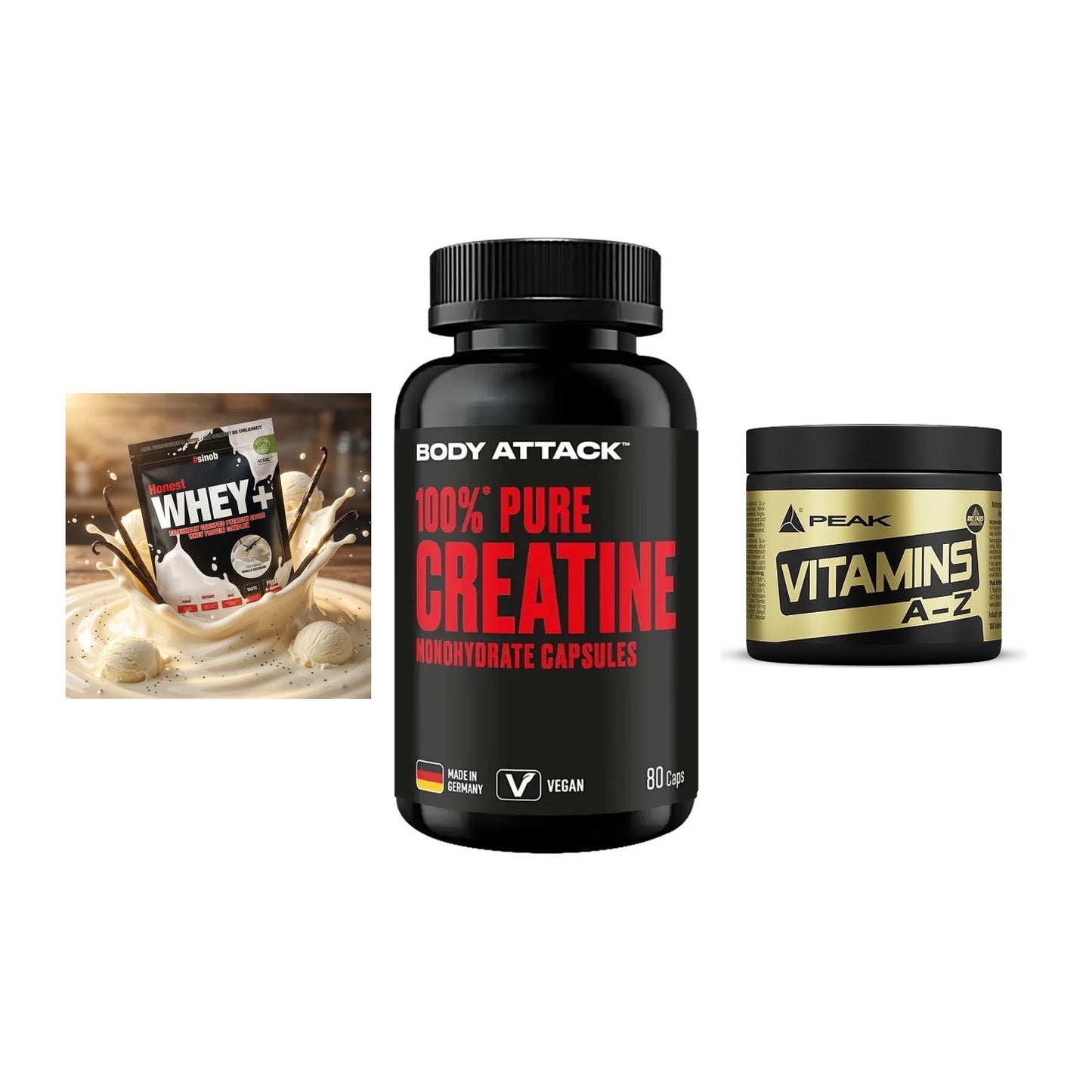 Einsteiger-Set: Sinob Honest + Body Attack 100% + Peak Vitamin A-Z – alle enthaltenen Artikel
