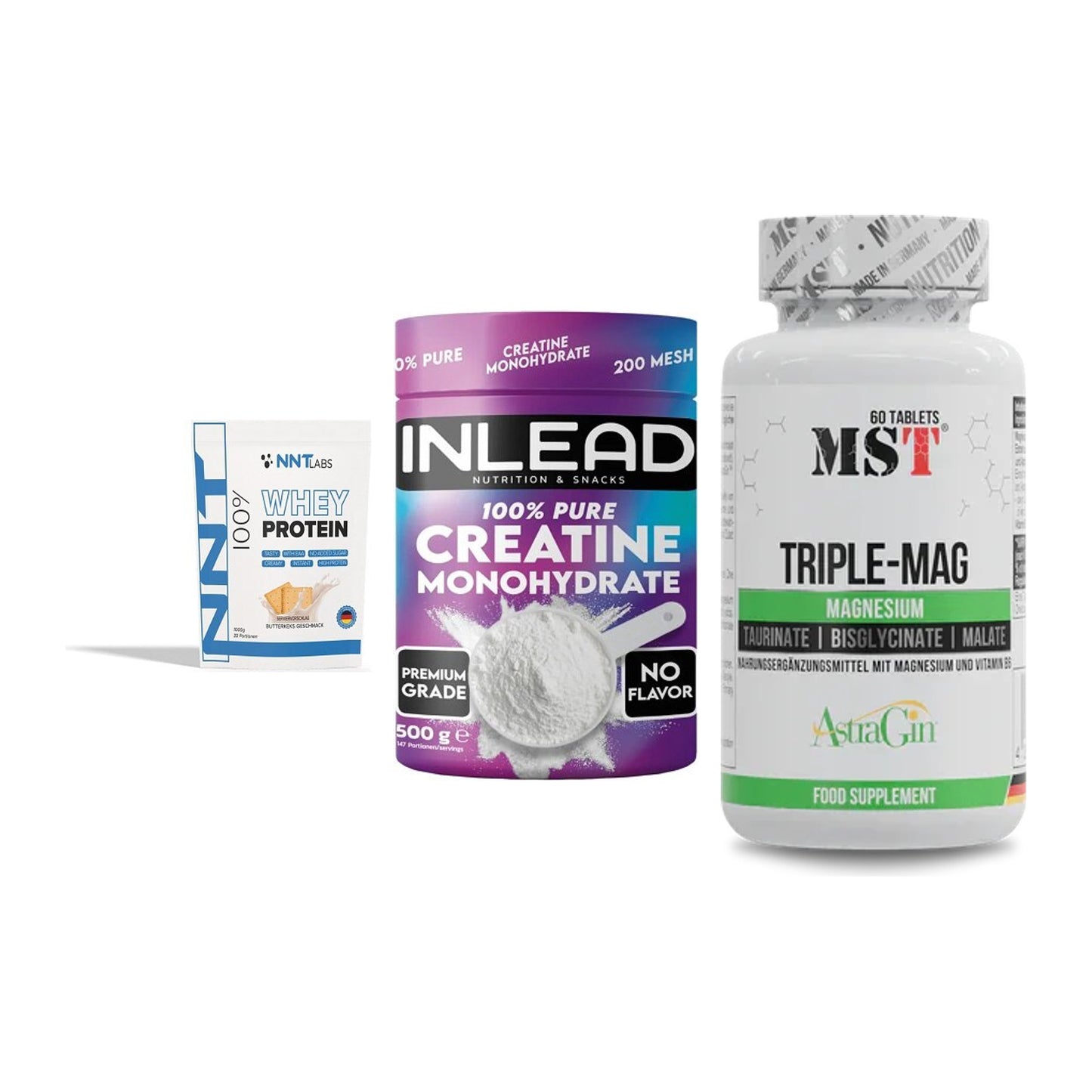 Einsteiger-Set: NNT Whey + INLEAD Creatine + MST Tripple Mag – alle enthaltenen Artikel