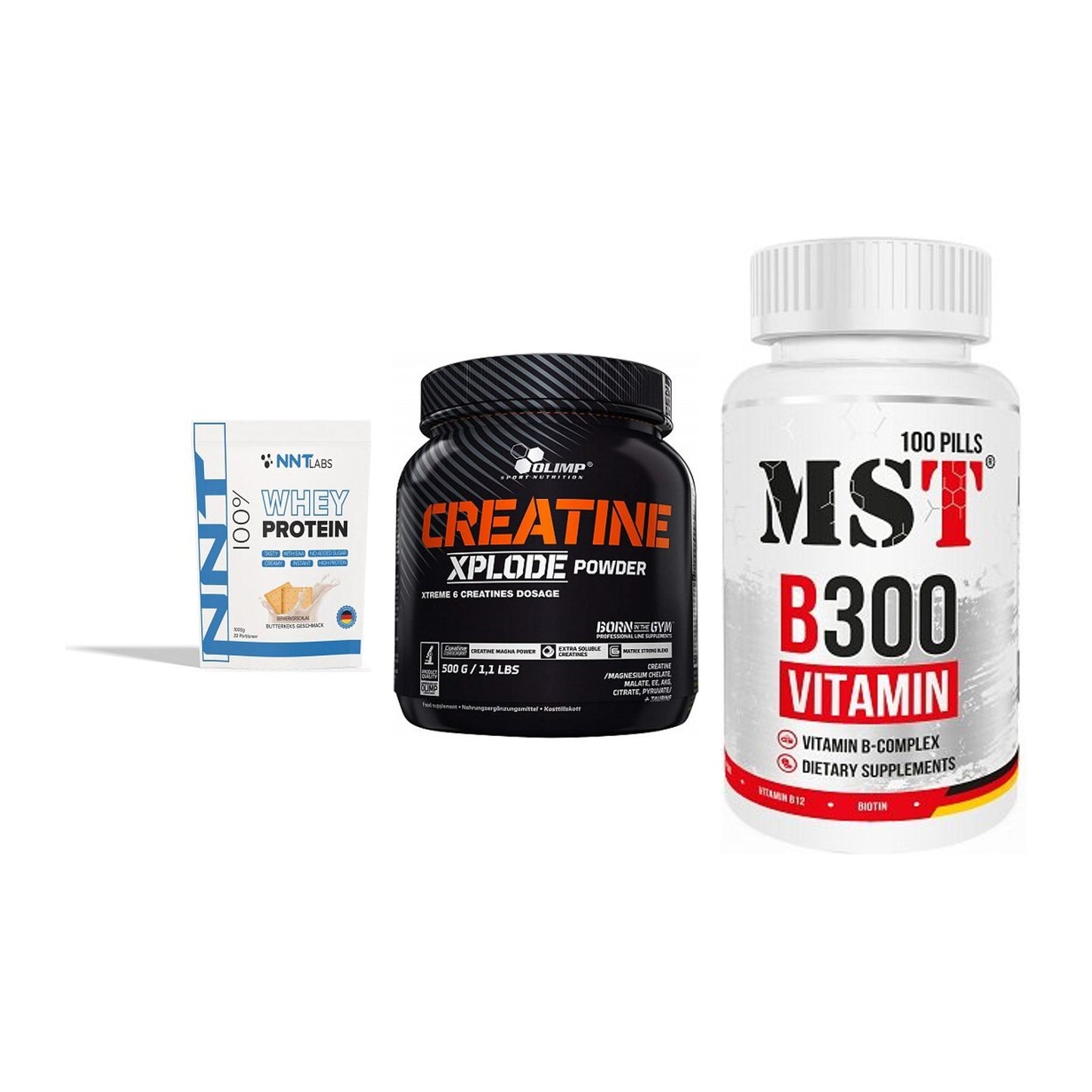 Einsteiger-Set: NNT Whey + Olimp Creatine + MST B300 B-Compl – alle enthaltenen Artikel