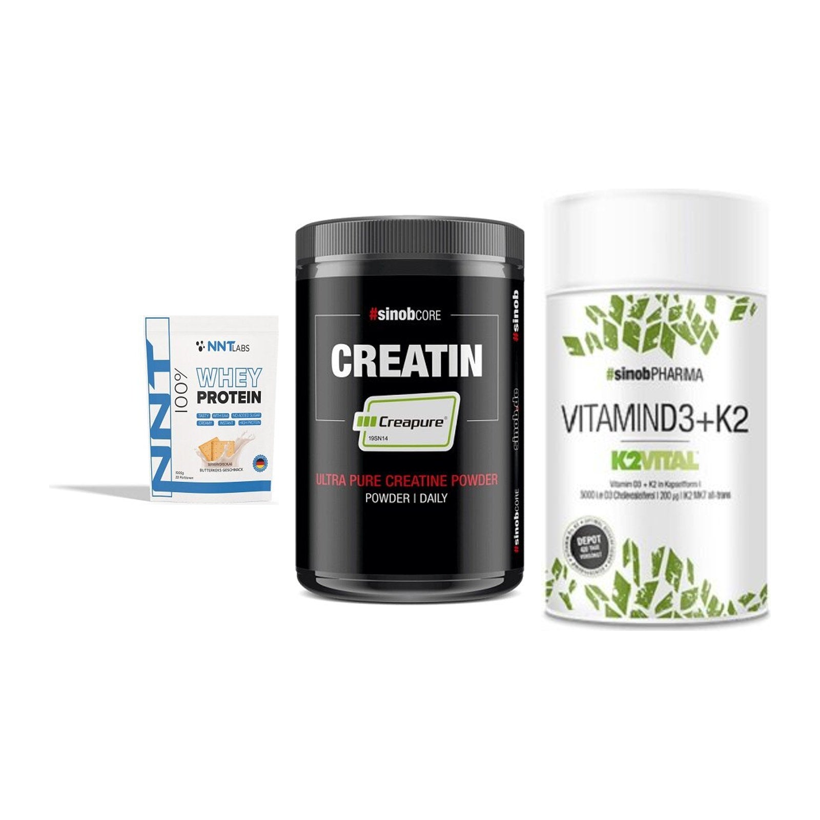 Einsteiger-Set: NNT Whey + Sinob Creatin + Sinob Vitamin D3 – alle enthaltenen Artikel