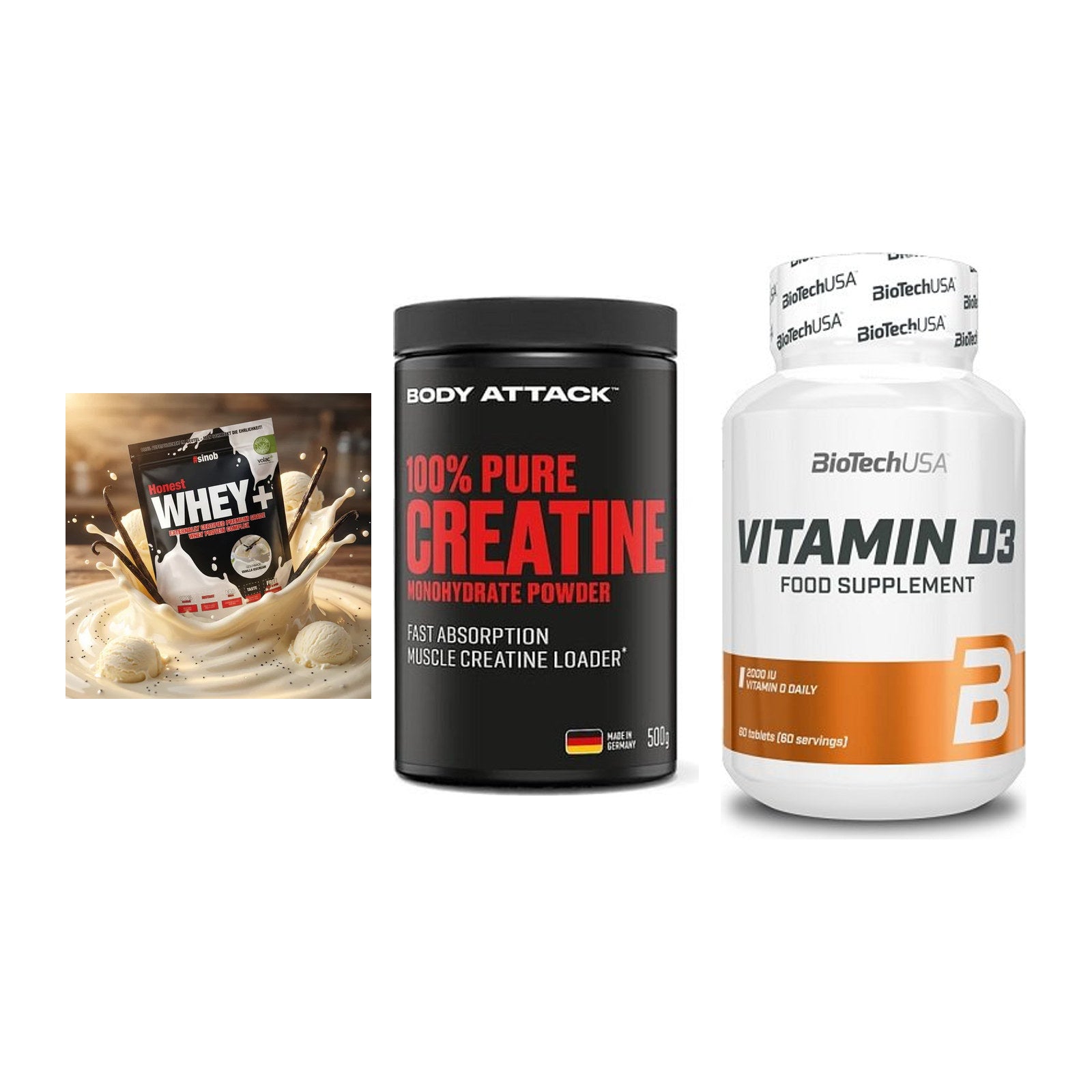 Einsteiger-Set: Sinob Honest + Body Attack 100% + BioTech Vitamin – alle enthaltenen Artikel