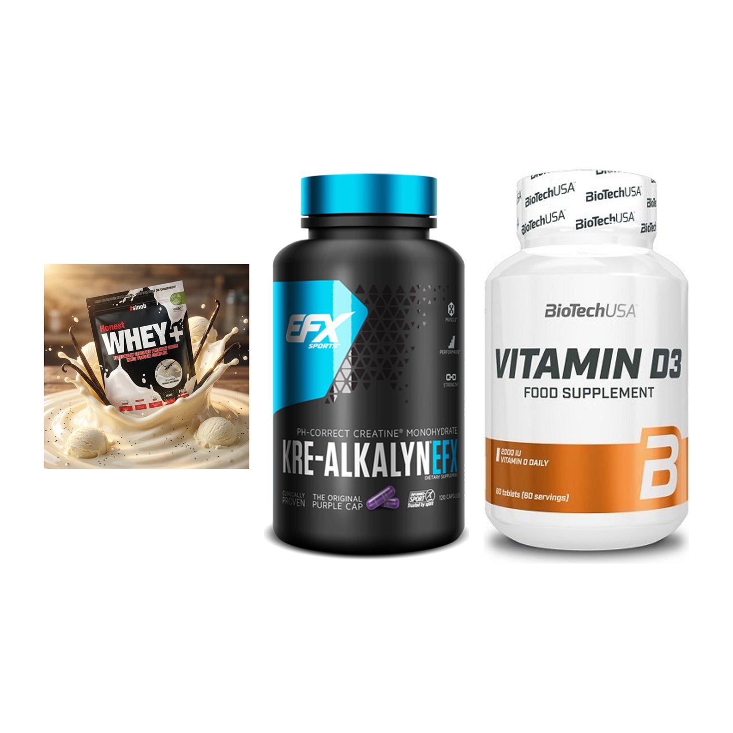 Einsteiger-Set: Sinob Honest + EFX Kre-Alkalyn + BioTech Vitamin – alle enthaltenen Artikel