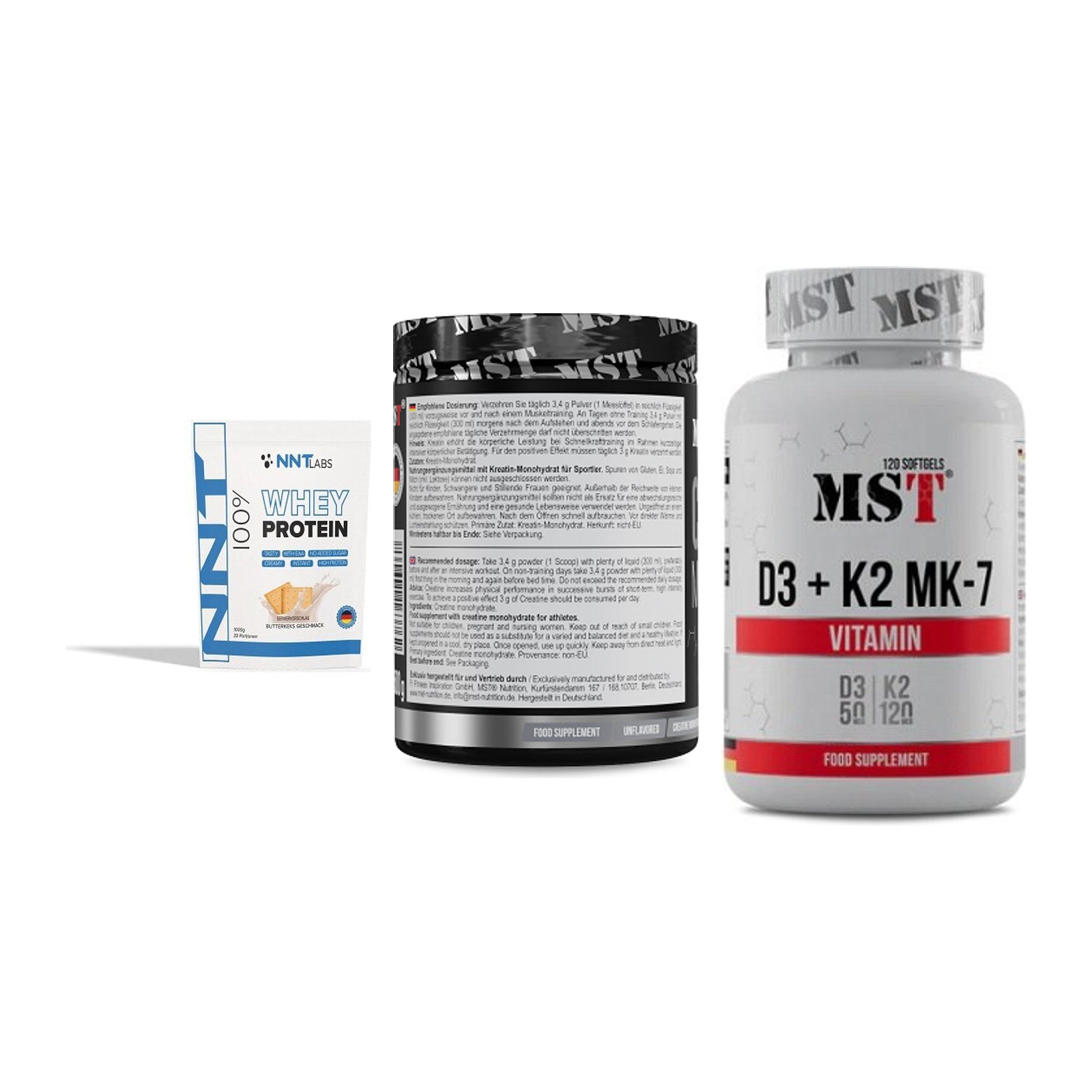 Einsteiger-Set: NNT Whey + MST Creatin + MST Vitamin D3 – alle enthaltenen Artikel