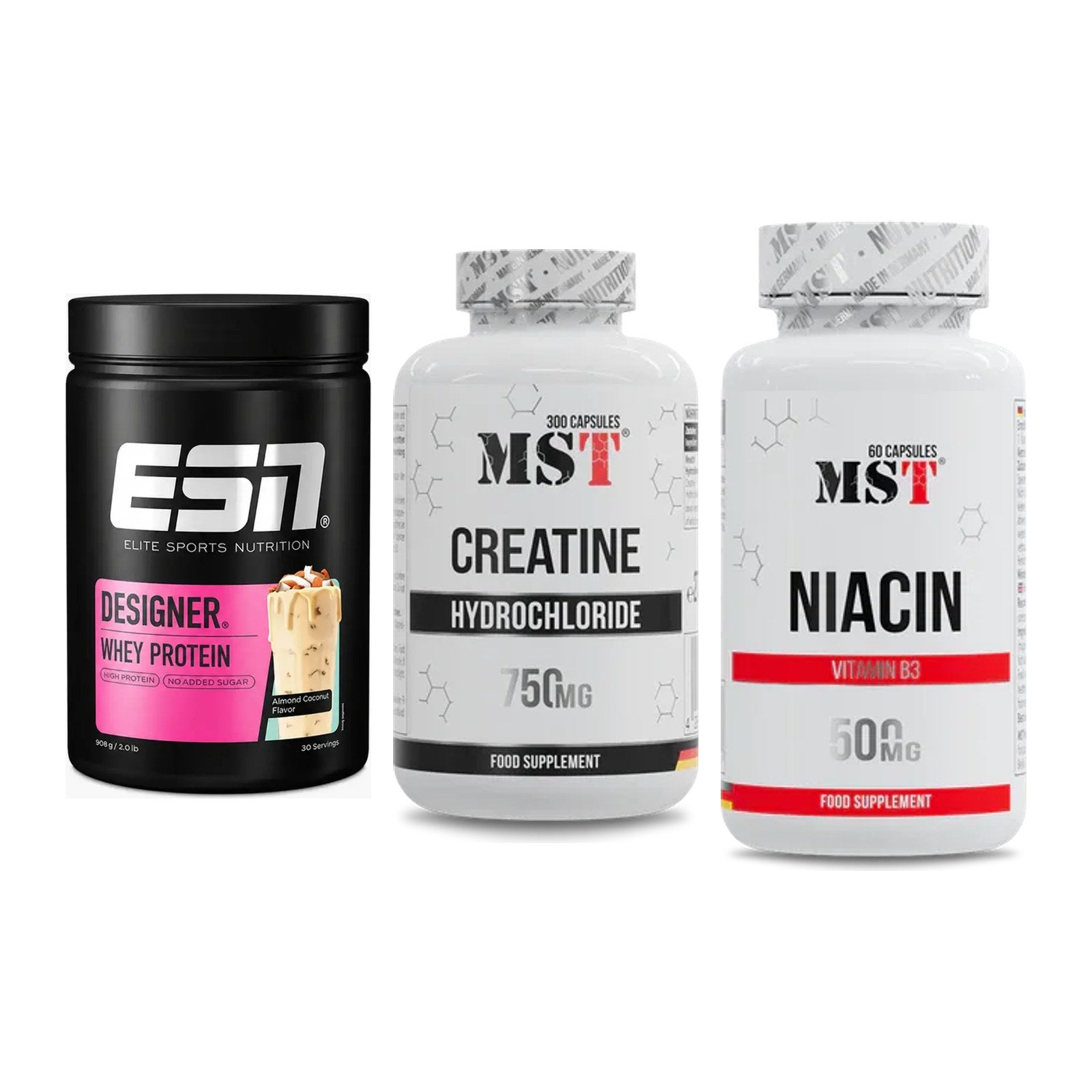 Einsteiger-Set: ESN Designer Whey + MST Creatine HCL + MST Niacin – alle enthaltenen Artikel