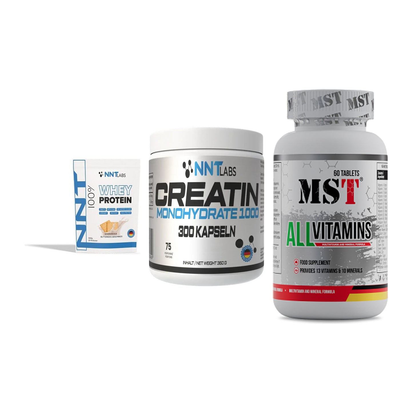Einsteiger-Set: NNT Whey + NNT Creatin 1000 + MST All Vitamins – alle enthaltenen Artikel