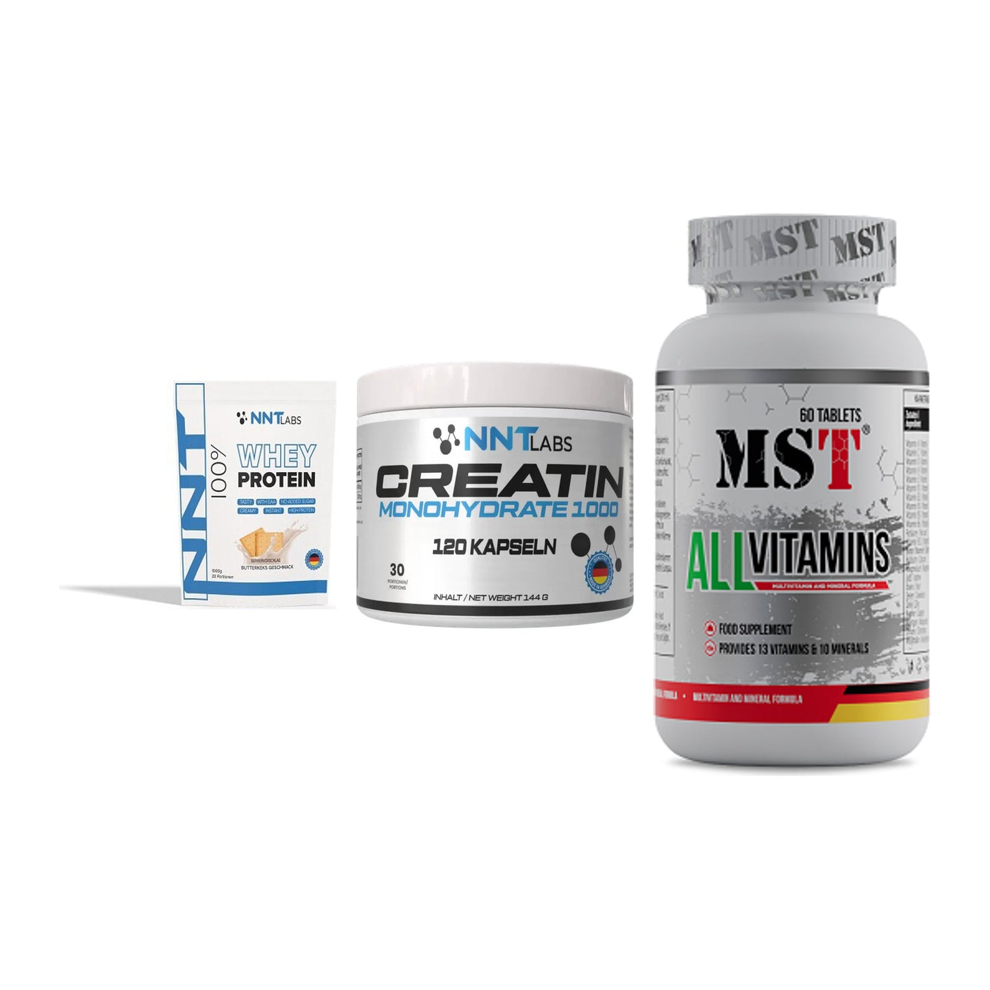 Einsteiger-Set: NNT Whey + NNT Creatin 1000 + MST All Vitamins – alle enthaltenen Artikel