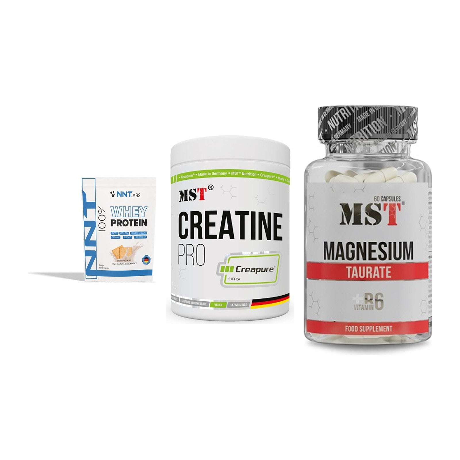 Einsteiger-Set: NNT Whey + MST Creatin Pro + MST Magnesium – alle enthaltenen Artikel