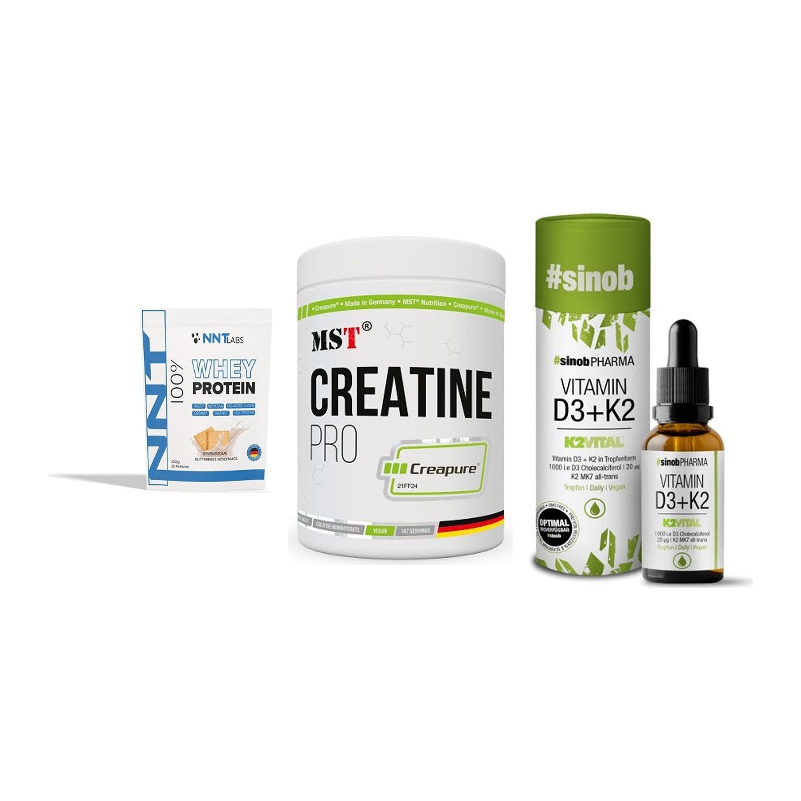 Einsteiger-Set: NNT Whey + MST Creatin Pro + Sinob Vitamin D3 – alle enthaltenen Artikel