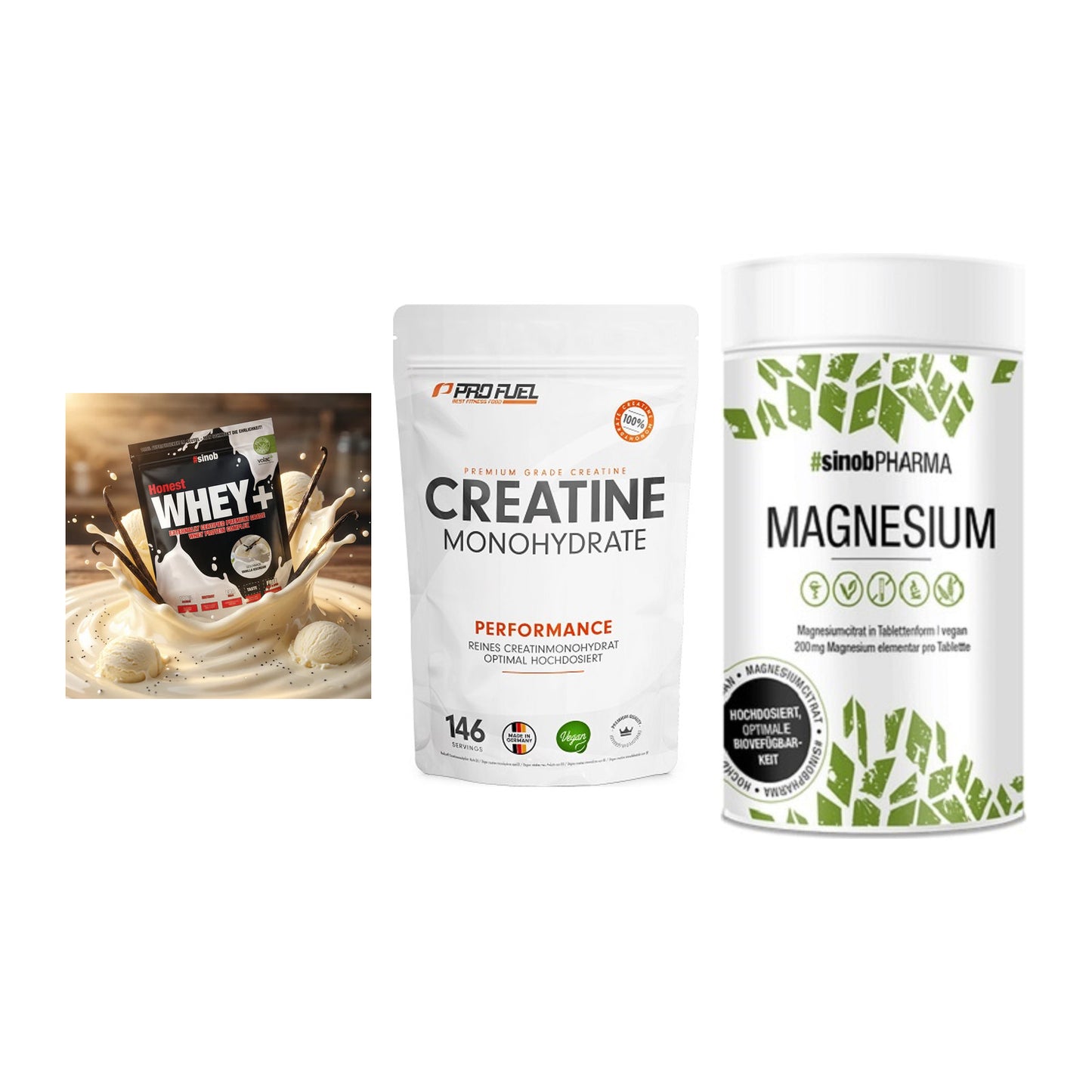 Einsteiger-Set: Sinob Honest + ProFuel Creatine + Sinob Magnesium – alle enthaltenen Artikel