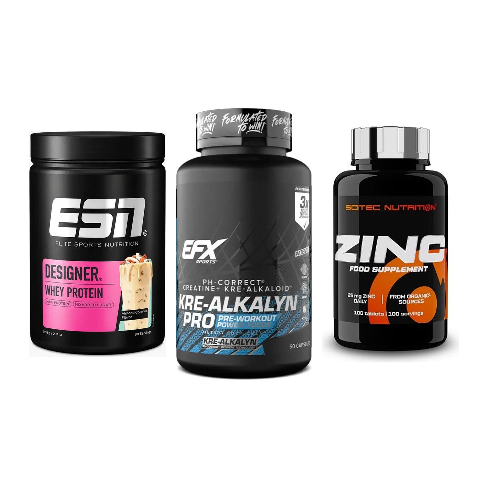 Einsteiger-Set: ESN Designer Whey + EFX Kre-Alkalyn PRO + Scitec Zinc – alle enthaltenen Artikel