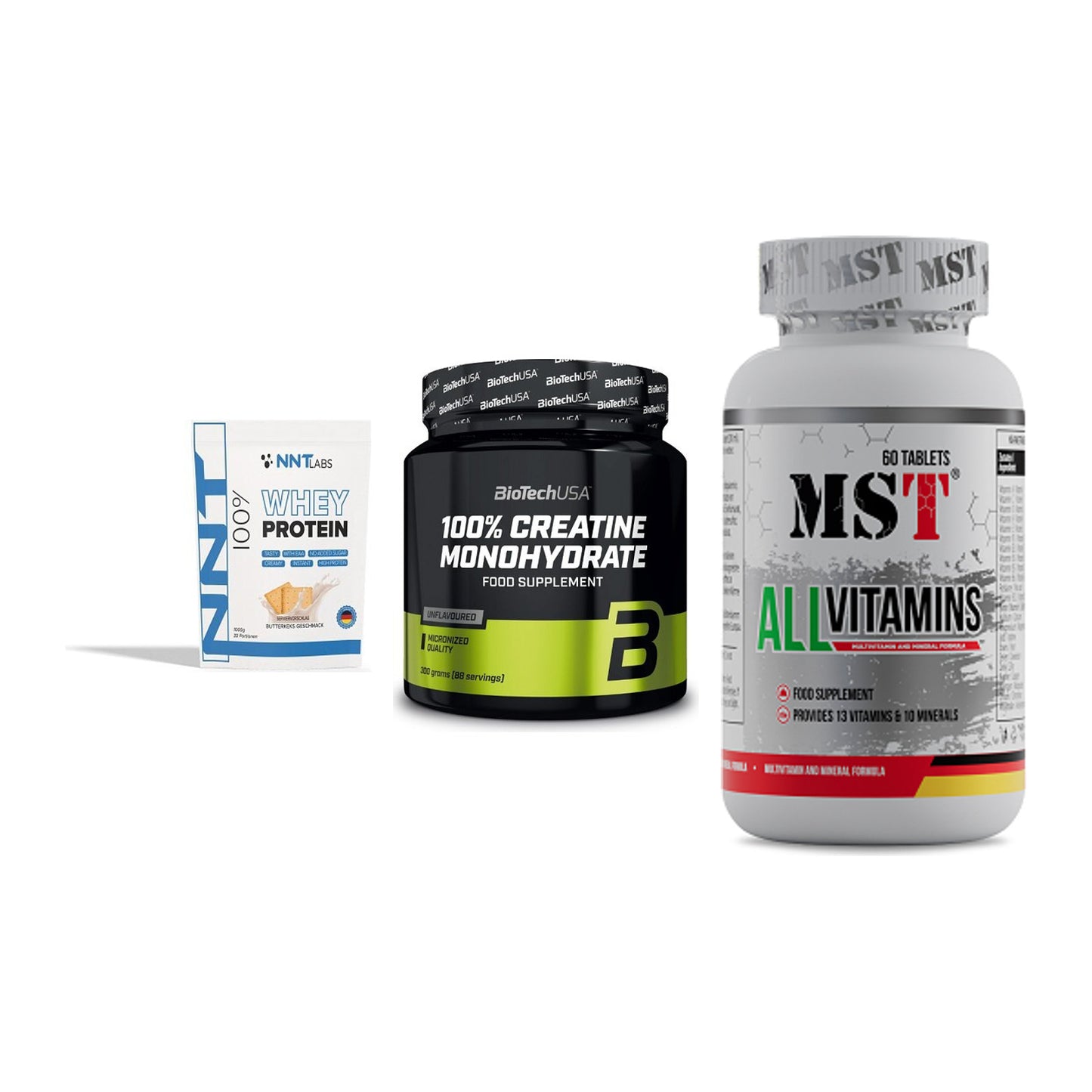 Einsteiger-Set: NNT Whey + BioTech Creatine + MST All Vitamins – alle enthaltenen Artikel