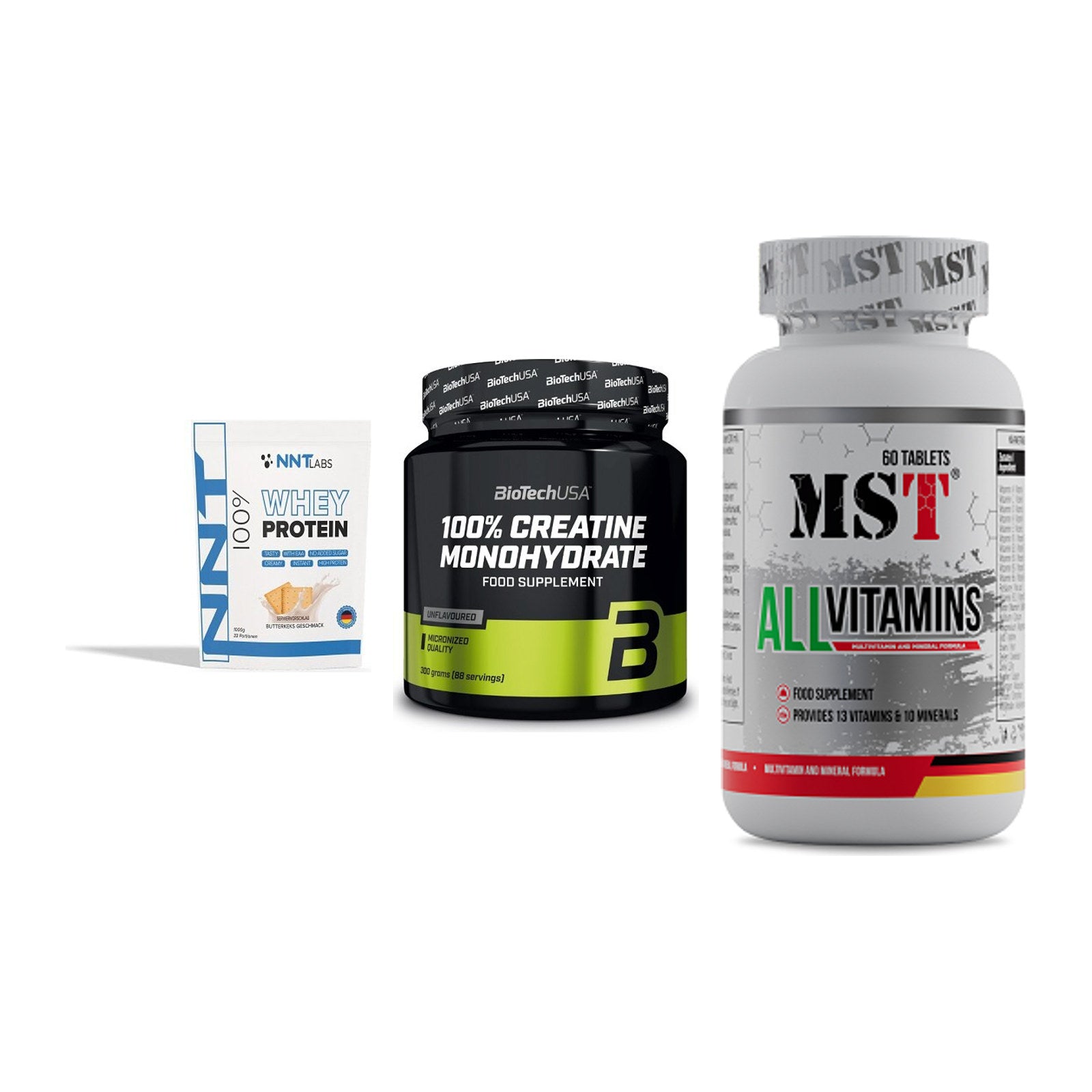 Einsteiger-Set: NNT Whey + BioTech Creatine + MST All Vitamins – alle enthaltenen Artikel