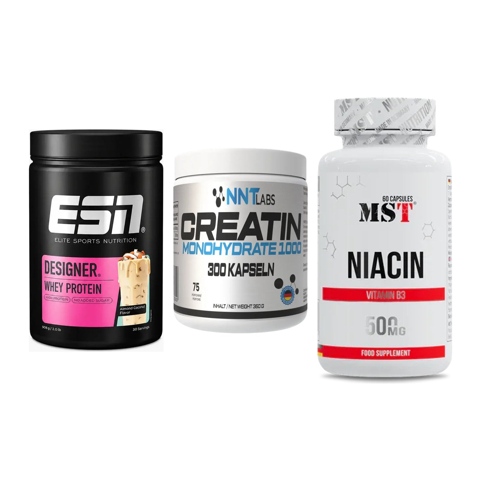 Einsteiger-Set: ESN Designer Whey + NNT Creatin 1000 mg + MST Niacin – alle enthaltenen Artikel