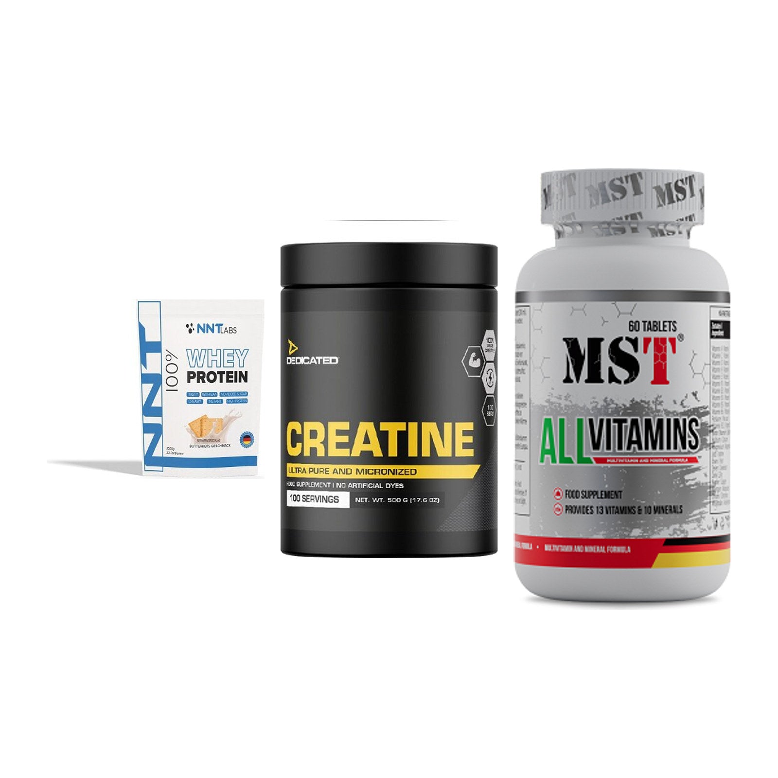 Einsteiger-Set: NNT Whey + Dedicated + MST All Vitamins – alle enthaltenen Artikel