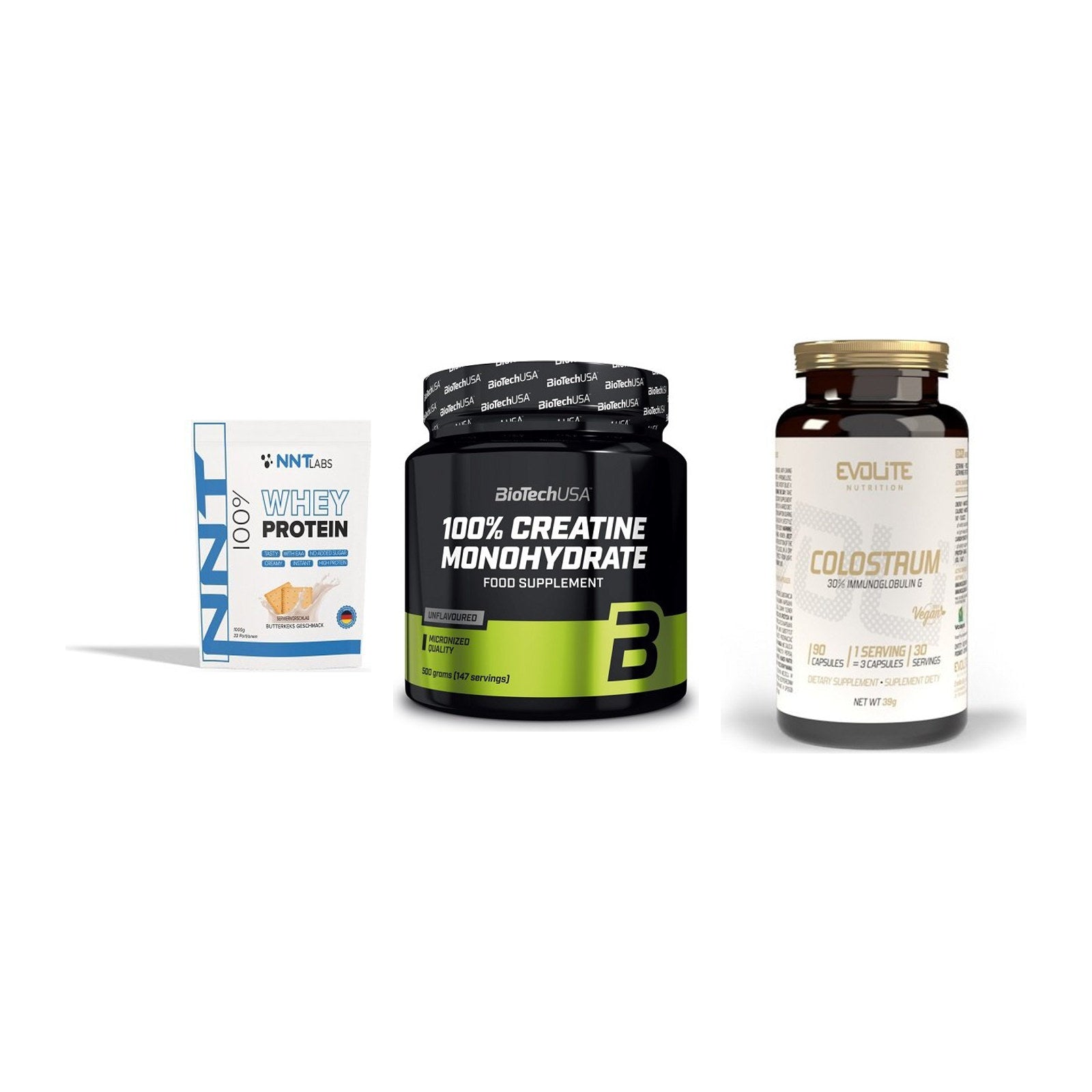 Einsteiger-Set: NNT Whey + BioTech Creatine + Evolite Nutritio – alle enthaltenen Artikel