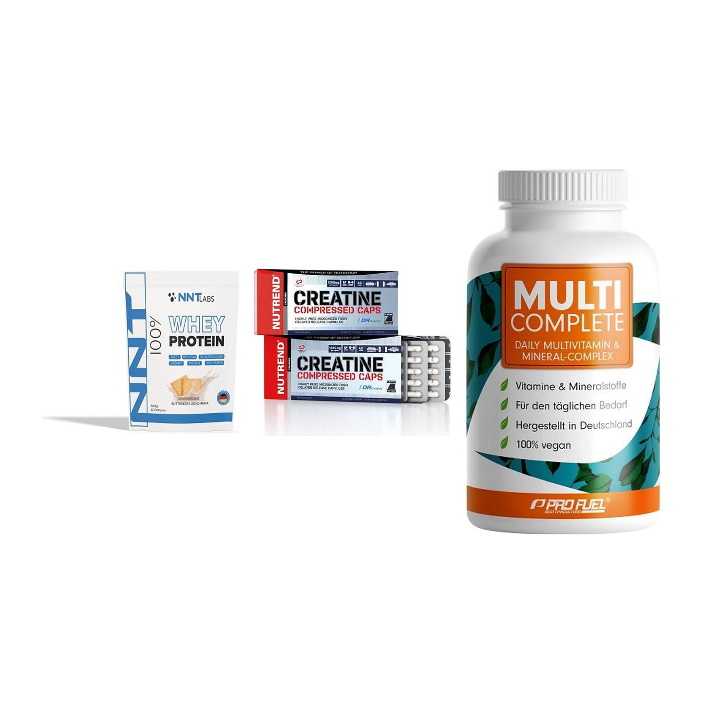 Einsteiger-Set: NNT Whey + Nutrend Creatine + ProFuel MULTI – alle enthaltenen Artikel