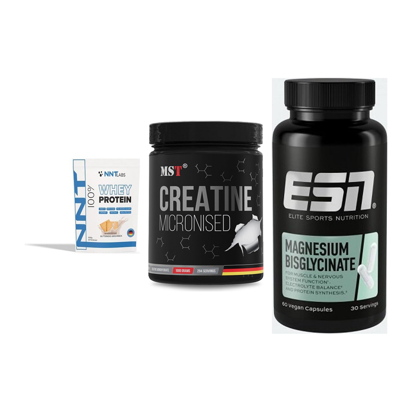 Einsteiger-Set: NNT Whey + MST Creatin + ESN Magnesium – alle enthaltenen Artikel