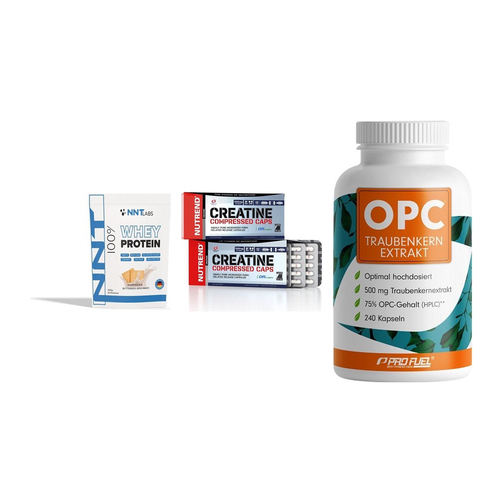 Einsteiger-Set: NNT Whey + Nutrend Creatine + ProFuel OPC – alle enthaltenen Artikel