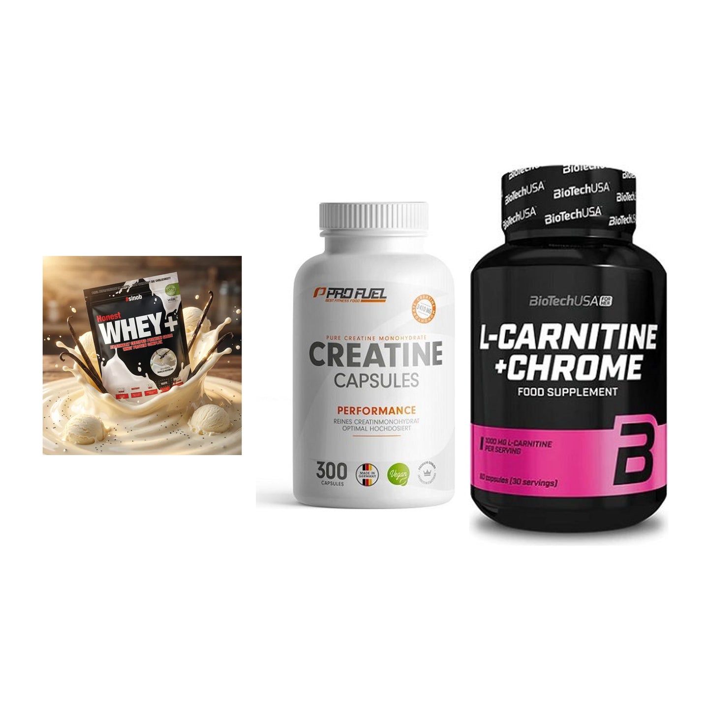 Einsteiger-Set: Sinob Honest + ProFuel Creatine + BioTech L-Carnit – alle enthaltenen Artikel